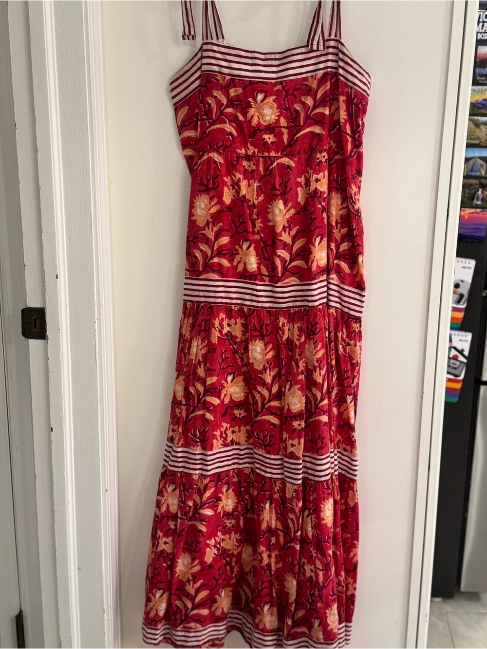 Madison Mathews Block print Red Floral Maxi Dress w/ Striped Accents Boho Sz L